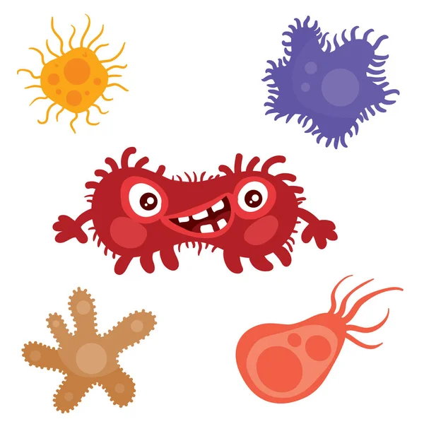 Bacteria roja está rodeada de virus multicolores, estilo de dibujos animados, objeto aislado sobre un fondo blanco, ilustración vectorial, eps — Vector de stock