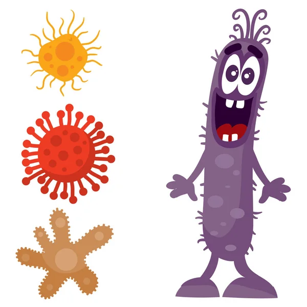 Virus púrpura mira a las bacterias multicolores y se sorprende, estilo de dibujos animados, objeto aislado sobre fondo blanco, ilustración vectorial, eps — Archivo Imágenes Vectoriales