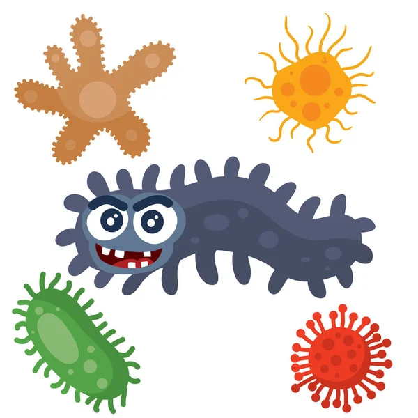 Bacteria azul está rodeado de virus multicolores, estilo de dibujos animados, objeto aislado sobre un fondo blanco, ilustración vectorial, eps — Vector de stock