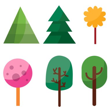 Çizimler ve oyunlar için düz bir tarzda farklı renklerde altı ağaç kümesi, beyaz arkaplanda izole edilmiş nesne, vektör illüstrasyonu