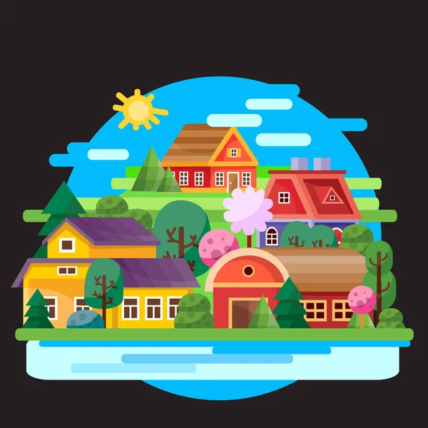 Paisaje de pequeñas casas de colores sobre un fondo de cielo azul sobre un fondo negro, para juegos, ilustración vectorial, eps — Vector de stock