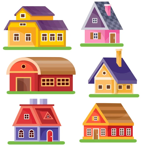 Set di sei case di diversi colori nello stile di un appartamento per illustrazioni e giochi, oggetto isolato su sfondo bianco, illustrazione vettoriale — Vettoriale Stock