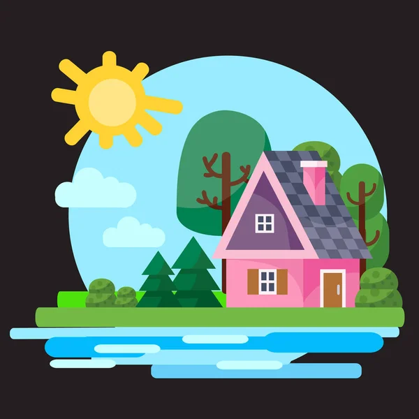 Piccola casa tempesta con un tetto viola contro un cielo blu con il sole, intorno cespugli erba, alberi e un fiume, sfondo nero, per i giochi, illustrazione vettoriale , — Vettoriale Stock