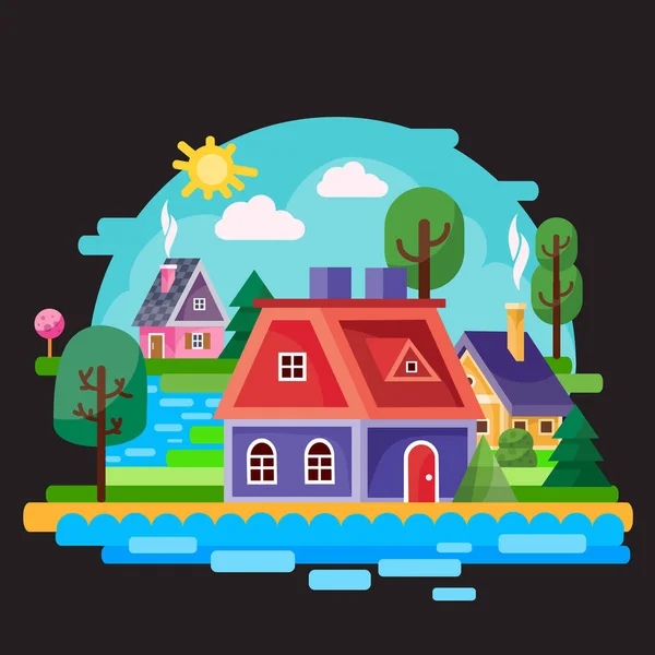 Paysage d'un petit village parmi les arbres, buissons, herbe et une rivière sur un ciel bleu, fond noir, pour les jeux, illustration vectorielle , — Image vectorielle