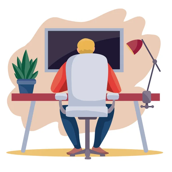 Un hombre se sienta hacia atrás en una silla de trabajo en una mesa y trabaja en un ordenador portátil, en una mesa hay una flor en una olla y una lámpara, trabajo, freelance, ilustración vectorial , — Vector de stock