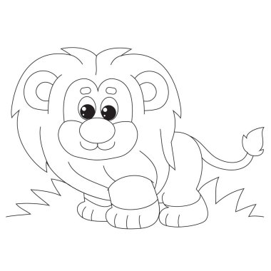 cartoon style little lion cub with a butterfly on its tail drawn in outline, isolated object on a white background, vector illustration,