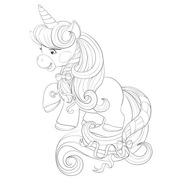 Uzun yeleli şirin tek boynuzlu at, bir kontur çizimi, bir riskraca, beyaz arka planda izole edilmiş bir nesne, vektör illüstrasyonu,