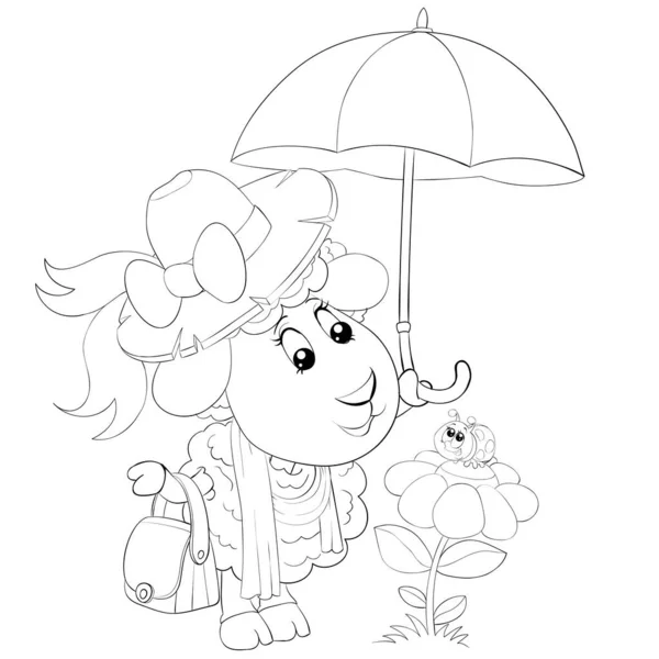 Милые овцы в шляпе и с зонтиком смотрит на жука, который сидит на цветке, рисунок в контуре, раскраска, изолированный объект на белом фоне, векторная иллюстрация, EPS — стоковый вектор