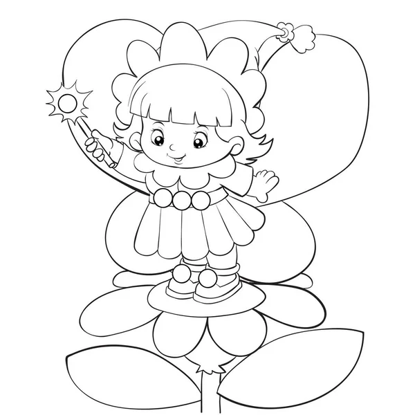 Cute little fairy stoi na kwiat z magiczną różdżką, rysunek zarys, kolorowanki, odizolowany obiekt na białym tle, ilustracja wektor, eps — Wektor stockowy