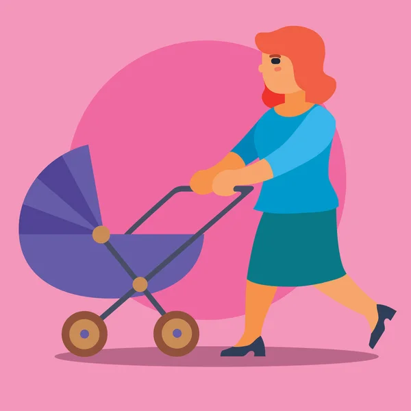 Mujer con el pelo rojo camina con un cochecito azul sobre un fondo rosa, ilustración vectorial, eps — Vector de stock