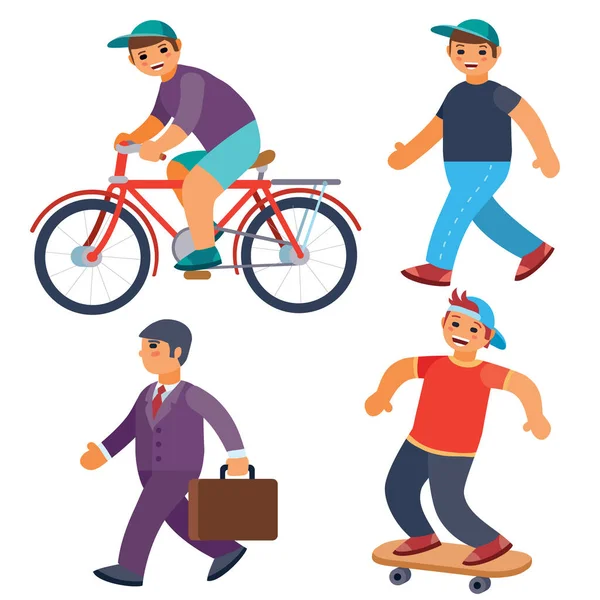 Conjunto de hombres montando una bicicleta, caminando, monopatín, ir a trabajar, objeto aislado sobre un fondo blanco, ilustración vectorial, eps — Vector de stock