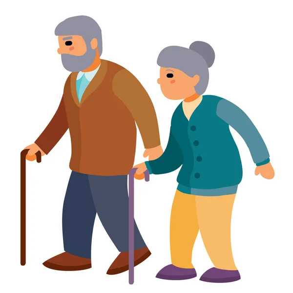 Abuelos caminan con un bastón, objeto aislado sobre un fondo blanco, ilustración vectorial, eps — Vector de stock