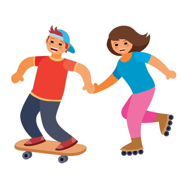 Homme et fille roller skate et skateboard ensemble, amusant, date, objet isolé sur fond blanc, illustration vectorielle, eps — Image vectorielle