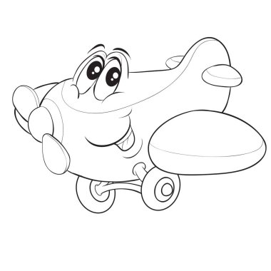 Büyük gözlü bir uçak karakteri, sevimli, çizgi film, taslak çizim, beyaz arkaplandaki izole nesne, vektör illüstrasyonu,