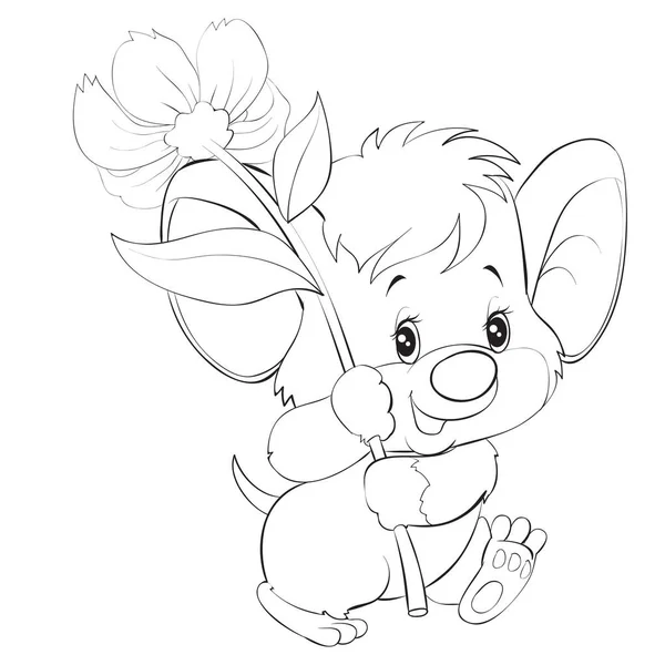 Lindo ratón en estilo de dibujos animados sostiene una gran flor en sus patas, libro para colorear, ri en el contorno, objeto aislado sobre un fondo blanco, ilustración vectorial , — Vector de stock