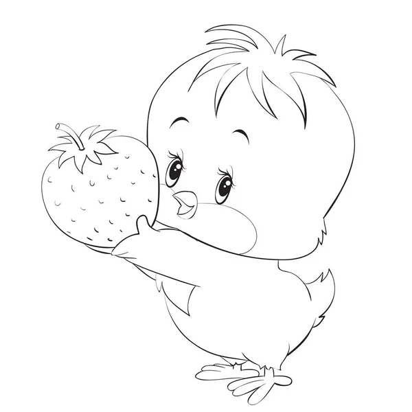 Schattig kip in cartoon stijl houdt grote aardbeien in zijn poten, kleuring, schema, geïsoleerd object op een witte achtergrond, vector illustratie, eps — Stockvector