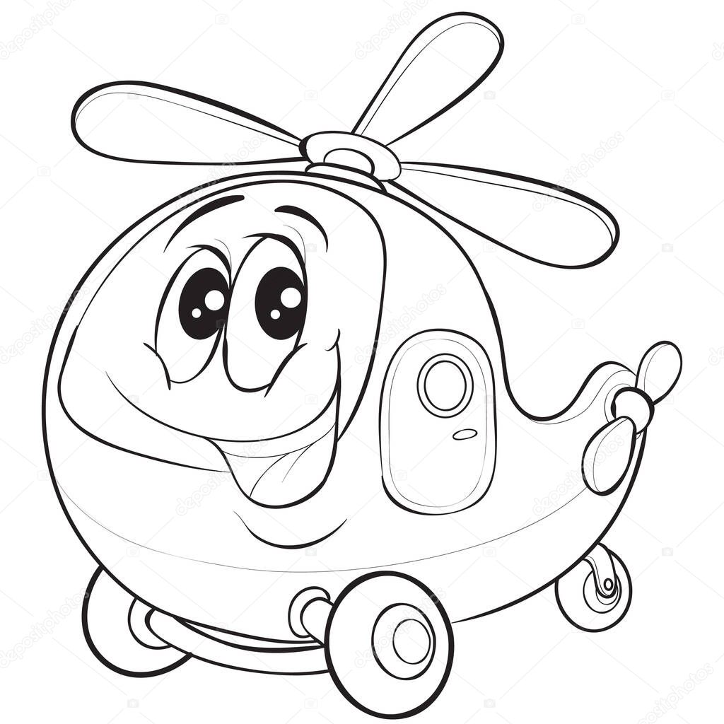 helicopter character with big eyes, cute, cartoon, outline drawing, isolated object on white background, vector illustration, eps