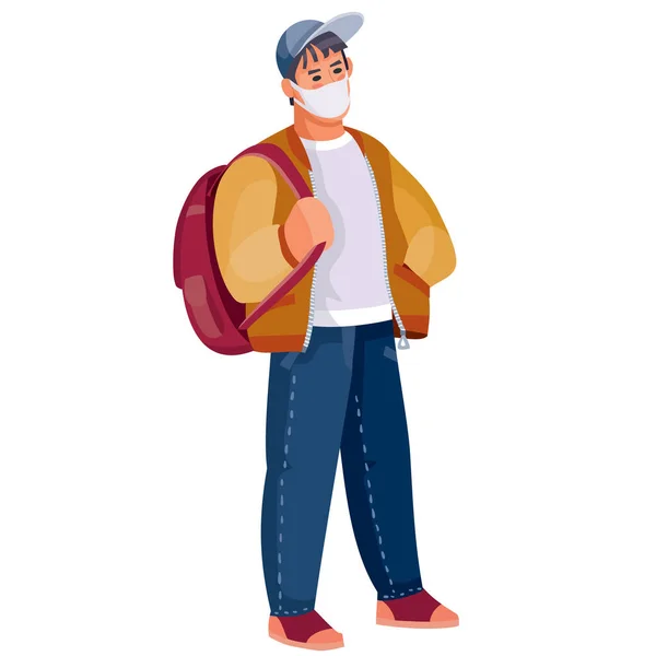 Estudiante con una mochila y con una máscara protectora contra virus, objeto aislado sobre un fondo blanco, ilustración vectorial, eps — Vector de stock