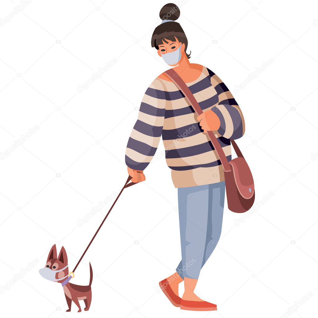 woman walking a dog on a woman a mask from viruses and a dog also has a protective mask, isolated object on a white background, vector illustration, eps
