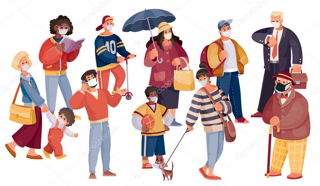 a crowd of people is standing nearby and wearing masks against coronovirus, quarantine, vector illustration, eps