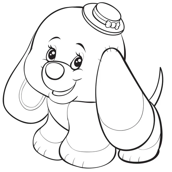 Speelgoed hond zit met een hoed op zijn hoofd, schets tekening, geïsoleerd object op een witte achtergrond, vector illustratie, eps — Stockvector