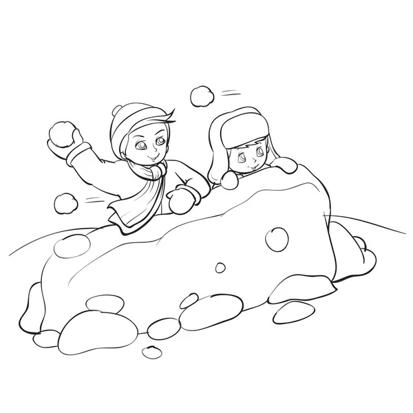 Crianças construíram uma fortaleza a partir de neve e jogar bolas de neve, desenho esboço, objeto isolado em um fundo branco, ilustração vetorial, eps —  Vetores de Stock