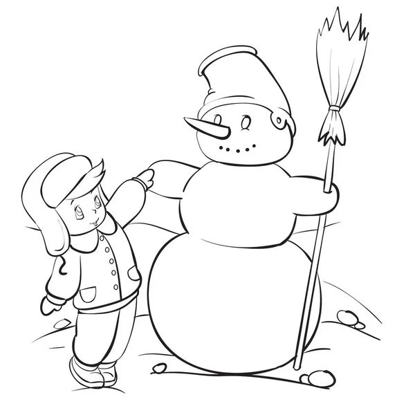 Jongen in de winter kleding bouwde een sneeuwpop uit de sneeuw schets tekening, geïsoleerd object op een witte achtergrond, vector illustratie, eps — Stockvector