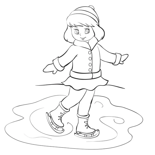 Fille en vêtements d'hiver patins sur un étang, dessin dans les contours, objet isolé sur un fond blanc, illustration vectorielle, eps — Image vectorielle