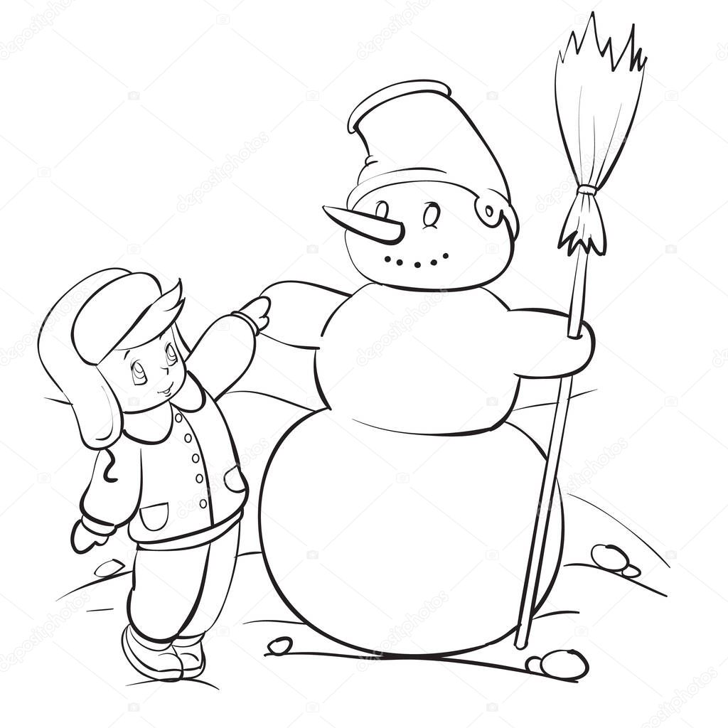 boy in winter clothes built a snowman out of the snow outline drawing, isolated object on a white background, vector illustration, eps