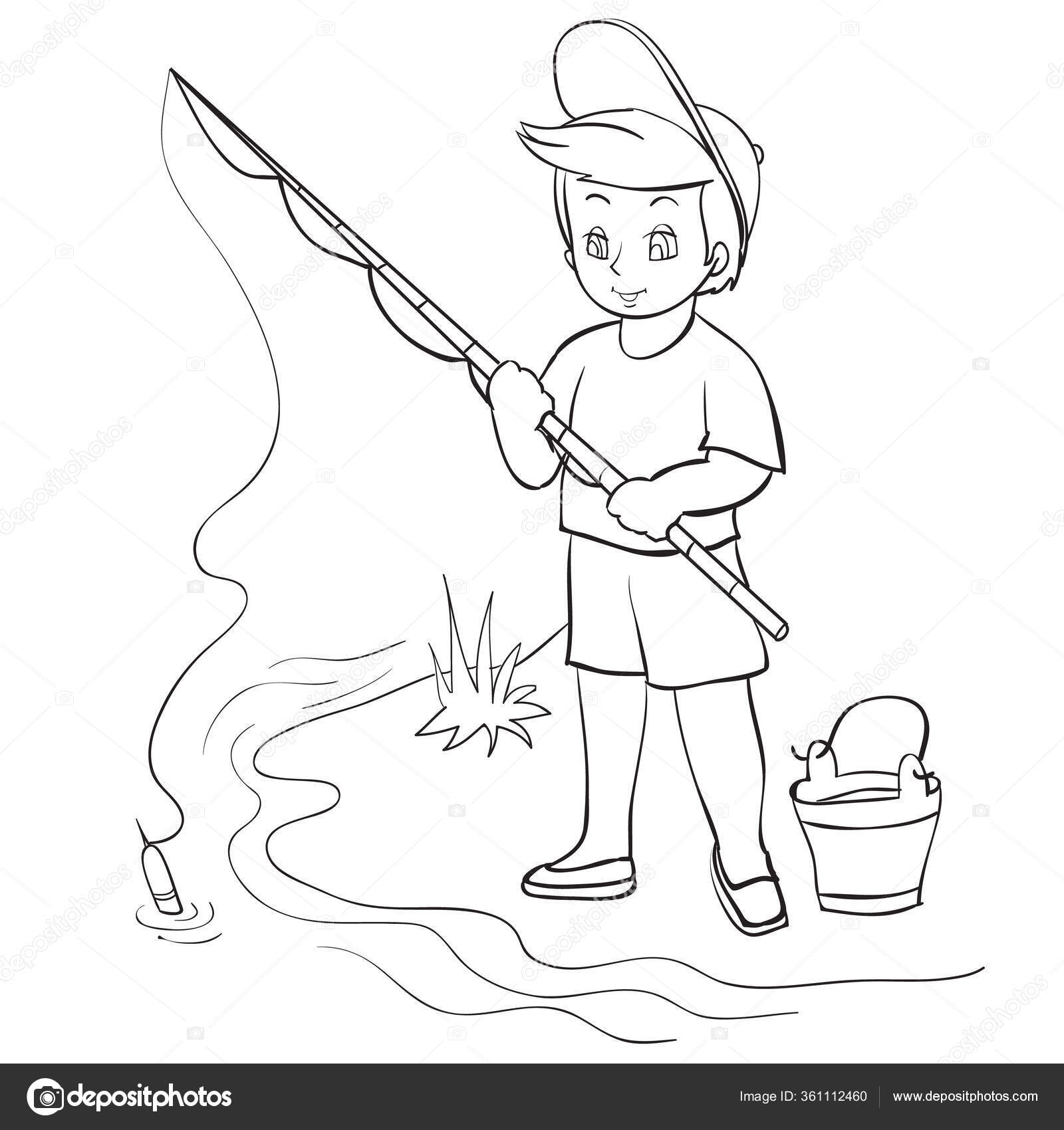A boy stands on the riverbank with a bucket and holds a fishing rod in his
