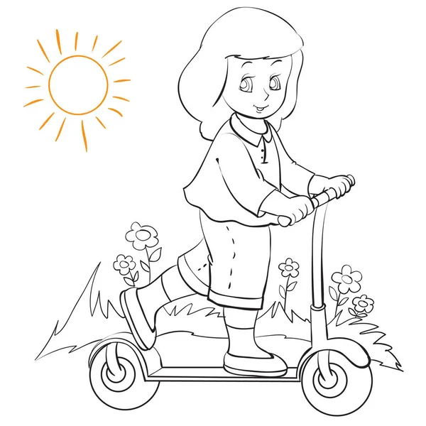Girl riding a scooter in the summer, outline drawing, coloring, isolated object on a white background, vector illustration, — Stock Vector