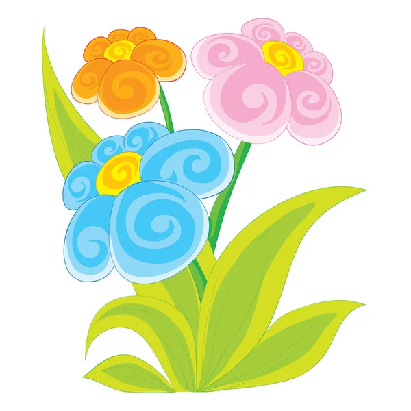 Tres flores grandes multicolores crecen en un lecho de flores, objeto aislado sobre un fondo blanco, ilustración vectorial , — Vector de stock