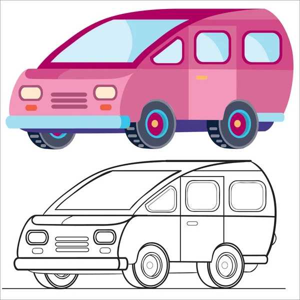 Minivan dengan warna merah muda dengan gaya datar, objek yang terisolasi dengan latar belakang putih, ilustrasi vektor, - Stok Vektor