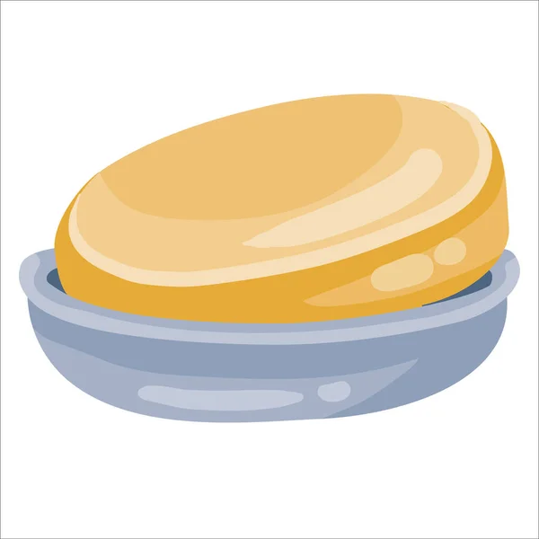 Sztabka żółtego mydła na niebieskiej misce mydlanej, odizolowany obiekt na białym tle, ilustracja wektora, — Wektor stockowy