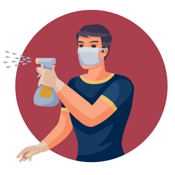 Un uomo in t-shirt blu e con una maschera sul viso spruzza un disinfettante attraverso un pulivatore, illustrazione vettoriale , — Vettoriale Stock