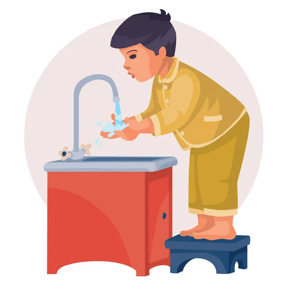 Menino fica em um banquinho e lava as mãos sob água corrente, ilustração vetorial , —  Vetores de Stock
