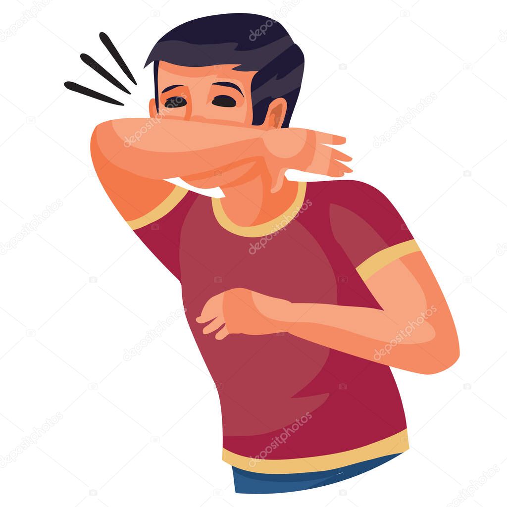 boy in a red t-shirt sneezes in the elbow, isolated object on a white background, vector illustration,