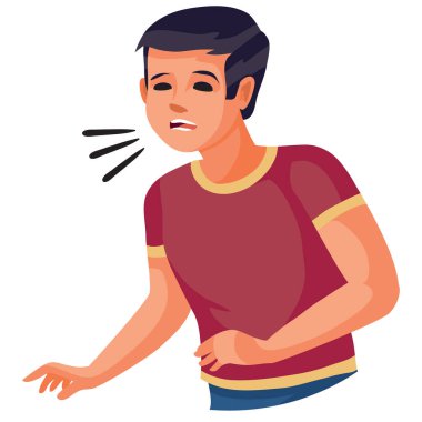 Kırmızı tişörtlü çocuk hapşırır ve elinin arkasına saklanmaz. Beyaz arka planda izole bir nesne, vektör çizimi.,