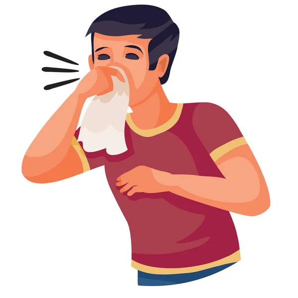 Jongen in een rood t-shirt niest in een zakdoek, geïsoleerd object op witte achtergrond, vector illustratie, — Stockvector