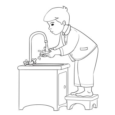 Çocuk taburede duruyor ve ellerini suyun altında yıkıyor, çizim çizimi, beyaz arka planda izole bir nesne, vektör çizimi.,