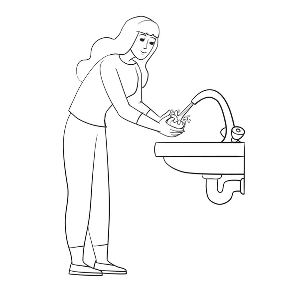 Frau wäscht ihre Hände in fließendem Wasser, Umrisszeichnung, isoliertes Objekt auf weißem Hintergrund, Vektorillustration, — Stockvektor