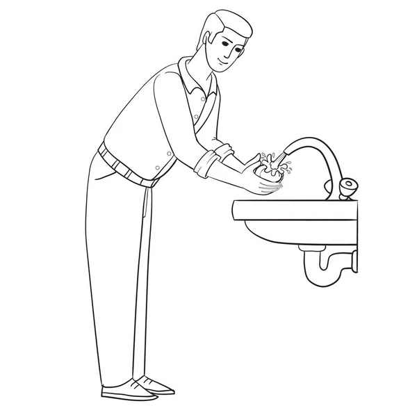 Man wast zijn handen in stromend water, schets tekening, geïsoleerd object op een witte achtergrond, vector illustratie, — Stockvector