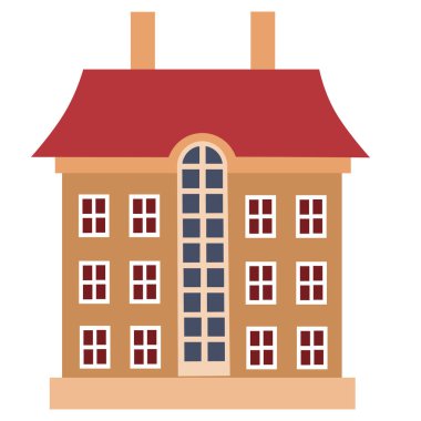 Kırmızı çatısı ve beyaz arka planda iki bacası olan üç katlı büyük şehir evi, vektör yanılsaması.,