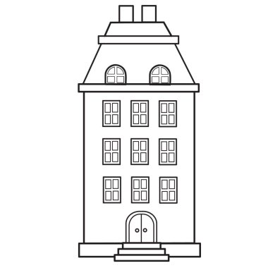 Çatıda iki bacası olan eski moda kentsel konut binası beyaz arka planda izole edilmiş nesne, vektör illüstrasyonu,