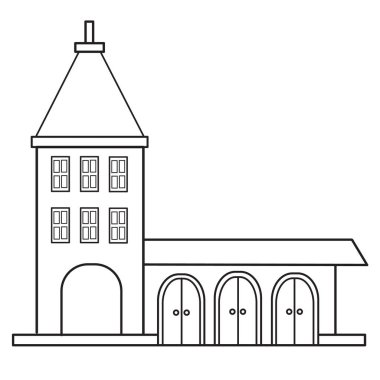 Çan kulesi olan bir itfaiye binası ve hatlarda üç eski tarz garaj, beyaz arka planda izole edilmiş bir nesne, vektör illüstrasyon,