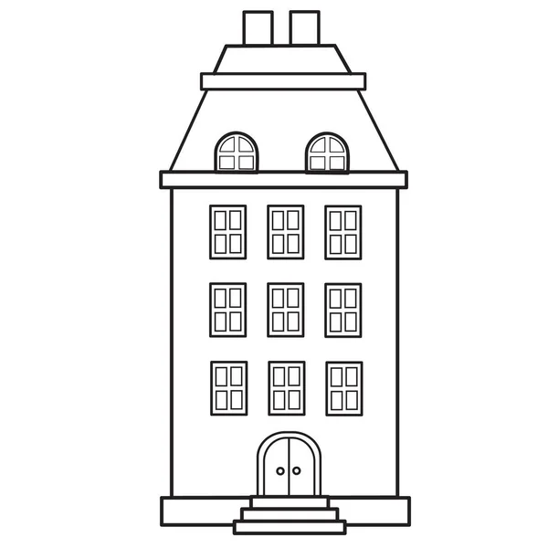 Staromodny miejski budynek mieszkalny z dwoma kominami na dachu w konturze, odizolowany obiekt na białym tle, ilustracja wektorowa, — Wektor stockowy