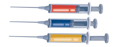 Değişik renklerde sıvı çubuğu olan üç şırınga seti ve içinde farklı sıvı seviyeleri olan beyaz arkaplanda izole edilmiş nesne, vektör illüstrasyonu,