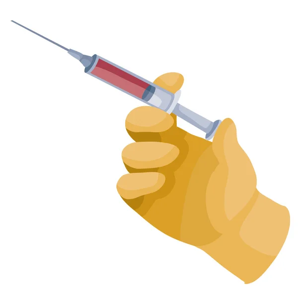 Hand drückt rote Flüssigkeit aus einer Spritze, Impfung, isolierter Gegenstand auf weißem Hintergrund, Vektorillustration, — Stockvektor