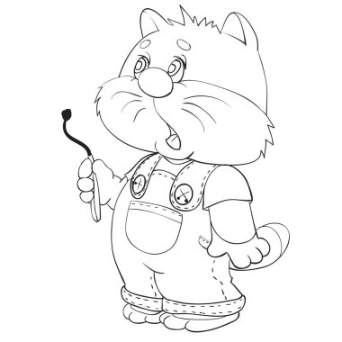 Bir kedi yavrusu pantolonunun içinde duruyor, kafası karışık ve patilerinde yanmış bir kibrit tutuyor, çizgilerindeki bir figür, beyaz arka planda izole edilmiş bir nesne, vektör çizimi,