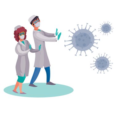 Doktor erkek ve kadın koruyucu elbiseler ve maskeli savaşlar virüsler, vektör, virüs, salgın, savaş, epidemik